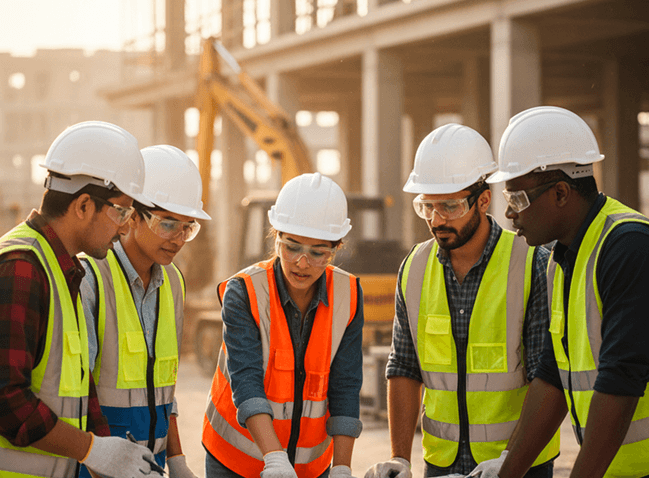 Engineers reviewing plans on construction site